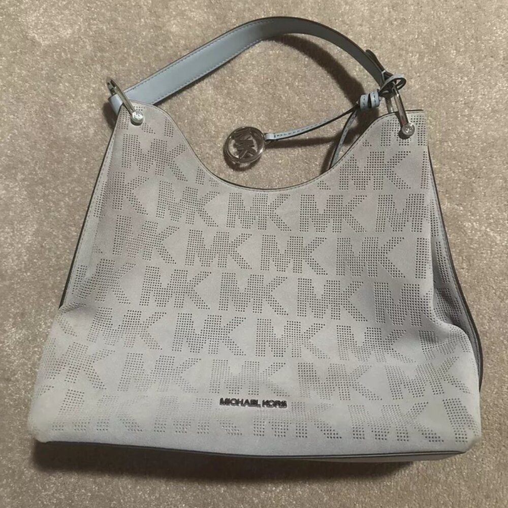 Michael Kors MK Joan Perforated Suede & Leather Light Blue Slouchy Hobo Bag